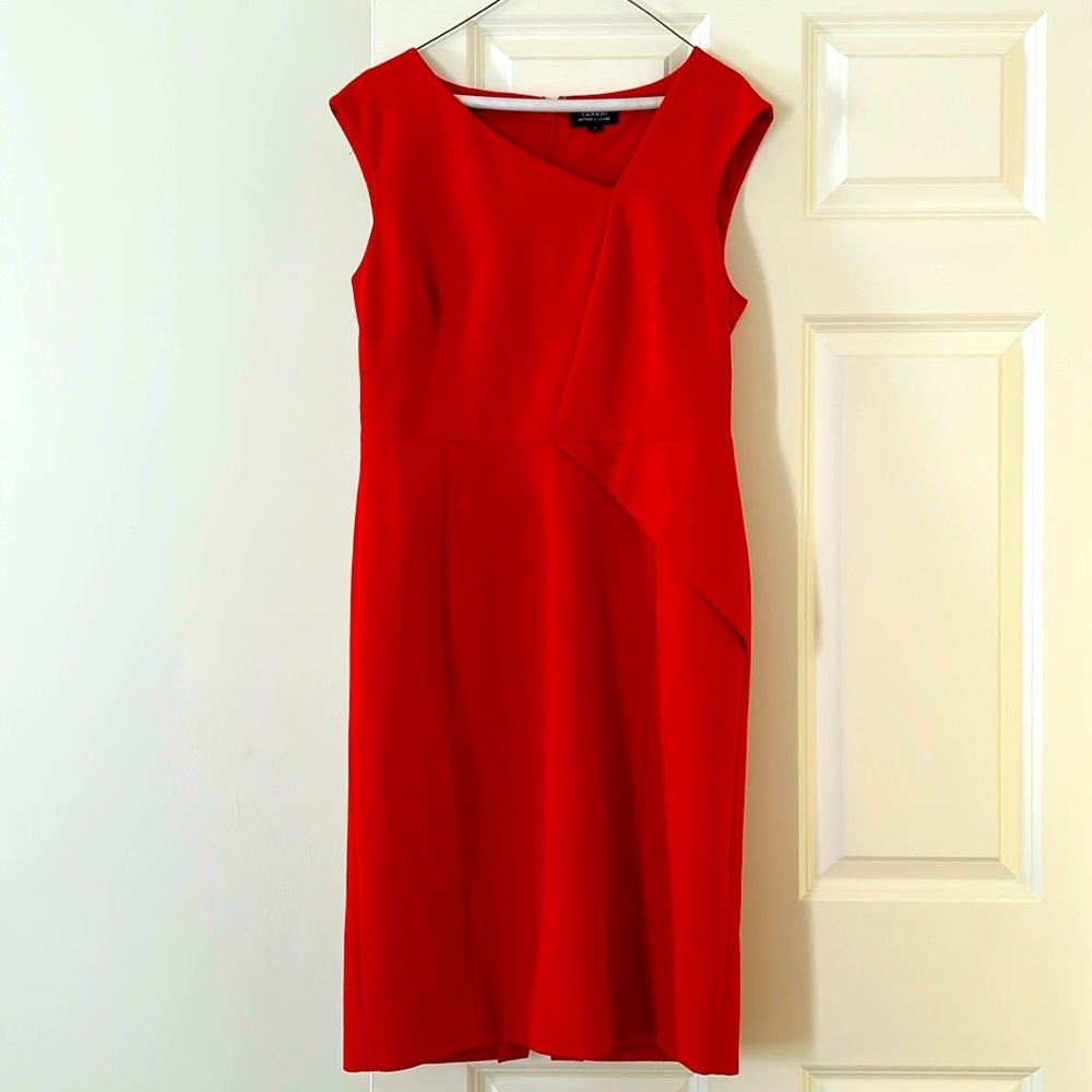 Super Unique Tahari Orange Sheath Dress with Squared Neck & Faux Waist Flap